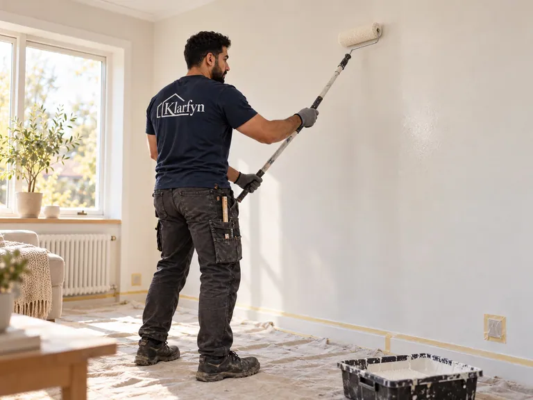 Illustration af en håndværker i Klarfyn-trøje, som maler en væg med afdækket gulv