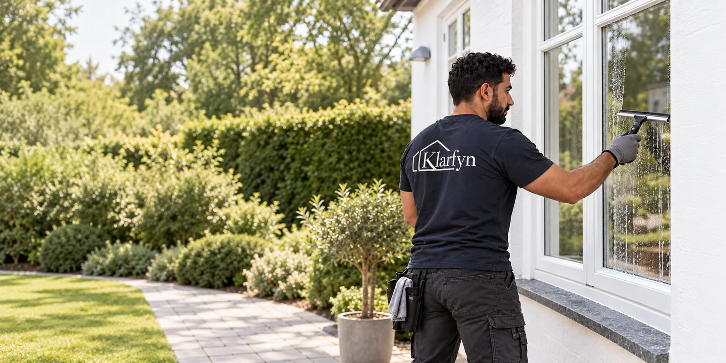 Fotorealistisk motiv af Hassan, der pudser et vindue ved en have